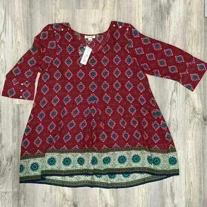NWT Simply Noelle Women’s Boho Long Sleeve Tunic Top Red Pattern Size L/XL